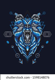 Magical blue bear illustration with geometric pattern