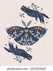 Magical blue buttefrly and woman hands. Boho illustration. Alchemy esoteric magic space, vector isolated on light background.