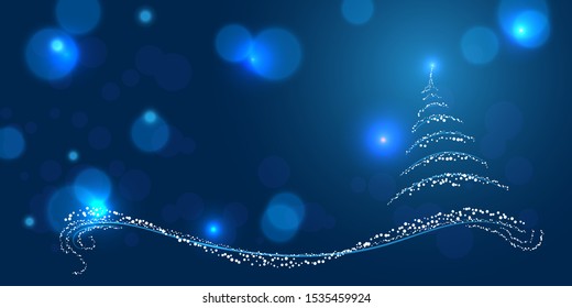 Magical blue Christmas background with a tree shape, vector illustration