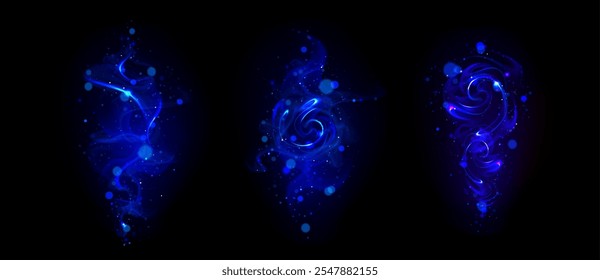 Magical blue glowing spirals of enchanted wand traces. Luminous swirls with sparkles and mystical effect on dark background. Ethereal fairy patterns for fantasy or supernatural design elements.