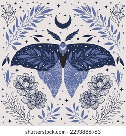 Magical blue luna butterfly bloomy starry space and herbs bohemian graphics print. Spiritual Boho folk art vintage celestial design