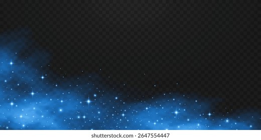 Névoa azul mágica com poeira cintilante e estrelas brilhantes em fundo transparente. Galaxy efeito de luz stardust com nevoeiro suave. Luzes de brilho festivas para design de férias ou fantasia. Vetor.