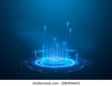 A magical blue portal on an isolated background. Glowing blue rings, glowing futuristic elements, hologram, portal. A magic circle for product presentation. Podium for teleportation. Digital high-tech