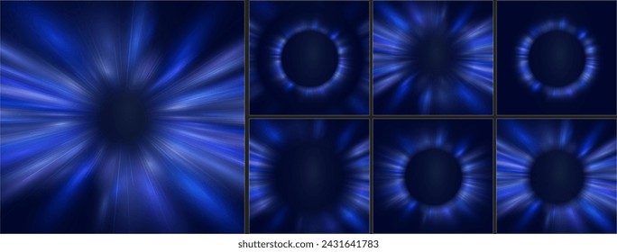 Magical blue portals. Glowing futuristic teleportation tunnel. Abstract technological futuristic background. Motivational fast moving speed lines. Futuristic dynamic motion technology.	
