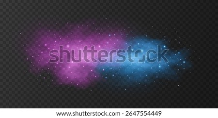 Magical blue and purple cloud with flying sparkling dust and soft fog on transparent background. Galaxy stardust light effect. Festive glitter lights for holiday or fantasy design. Vector.