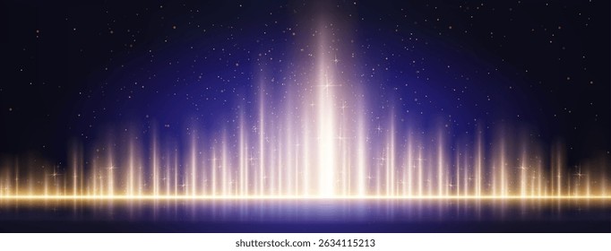 Magical blue stage with golden light beams rising from glowing horizon line. Sparkling glitter particles float through dreamy performance backdrop. Vertical rays for concert or event presentation.