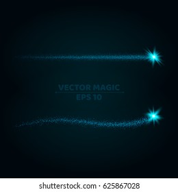 Magical blue stripes of bright and small particles on a dark background. Shining stars in motion. Pattern of highlights. A flying comet. Vector illustration. Bright flashes. EPS 10