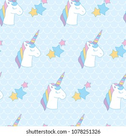 Magical blue unicorn and star in wave background. A playful, modern, and flexible pattern for brand who has cute and fun style. Repeated pattern. Happy, bright, and magical mood.