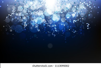 Magical Blue, Winter Season, Stars Falling With Ribbons Confetti, Dust, Glowing Particles Blurry Scatter Glitter Blinking Shine Sparkle Celebration Award Abstract Background Vector Illustration