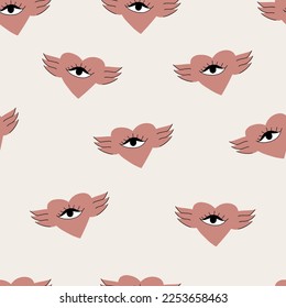 Magical bohemian heart love evil eyes Valentine` s day hand-drawn hearts and stars symbols vector  seamless pattern