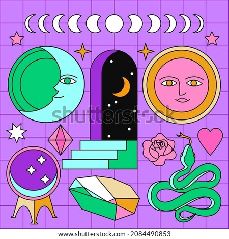 Magical boho clipart elements set. Magic mystery art concept. Sun, Moon, magic ball, stars, snake, crystal. Abstract contemporary aesthetic background. Logo or stickers templates. Witch collection.