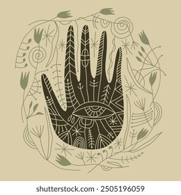 Magical boho green organic hippie patterned hand art mystical meditation witchcraft sacred symbol. Shamanic magical palm with eye shaped amulet inside. Illustration for yoga and reiki, holistic