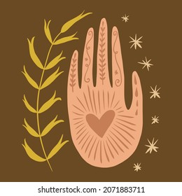 Magical boho hand art mystical Reiki meditation witchcraft sacred symbol vector illustration