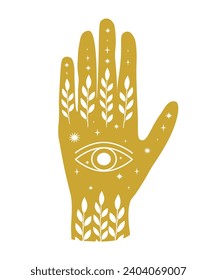 Magical boho hand with sacred symbol. Vector illustration isolated on a white background.