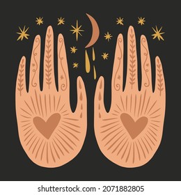 Magical boho hands art mystical Reiki meditation witchcraft sacred symbol vector illustration