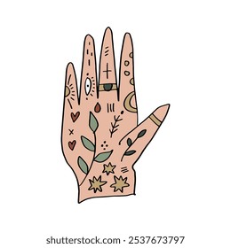 Magical boho hippie patterned hand art mystical meditation witchcraft sacred symbol. Shamanic magical palm with sacred heart all seeing eye shaped amulet inside. Illustration for yoga and reiki