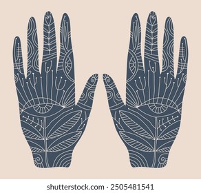 Magical boho natural organic hippie patterned hand art mystical meditation witchcraft sacred symbol. Shamanic magical palm with eye shaped amulet inside. Illustration for yoga and reiki, holistic