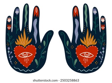 Magical boho patterned hand art mystical meditation witchcraft sacred symbol. Hamsa magical palm with Nazar eye shaped amulet inside. Illustration for yoga and reiki, holistic medicine spiritual