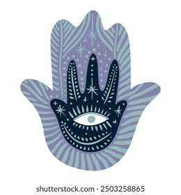 Magical boho patterned hand art mystical meditation witchcraft sacred symbol. Hamsa magical palm with Nazar eye shaped amulet inside. Illustration for yoga and reiki, holistic medicine spiritual