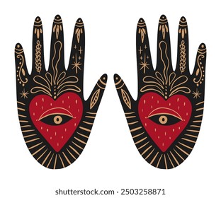 Magical boho patterned hand art mystical meditation witchcraft sacred symbol. Hamsa magical palm with Nazar eye shaped amulet inside. Illustration for yoga and reiki, holistic medicine spiritual