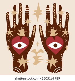 Magical boho patterned hand art mystical meditation witchcraft sacred symbol. Hamsa magical palm with eye shaped amulet inside. Illustration for yoga and reiki, holistic medicine spiritual concepts