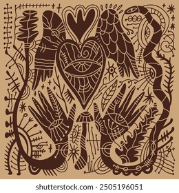 Magical boho patterned hand Magical boho hippie patterned hand art mystical meditation witchcraft sacred symbol. Shamanic magical palm with eye shaped amulet inside. Illustration for yoga and reiki