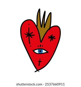 Magical boho sacred heart with Nazar blue eye, love peace Valentine freedom symbol concept, hand-drawn editable saint amulet isolated on white background, vector clipart illustration.