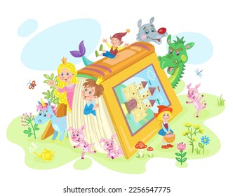 Magical book of fairy tales with its funny characters. In cartoon style. Isolated on white background. Vector illustration. International children's book day