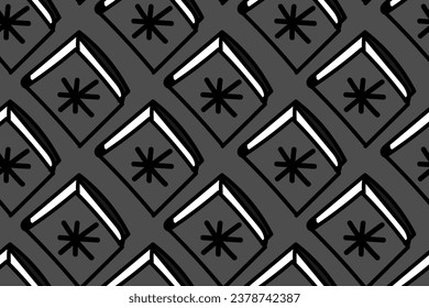 Magical book. Reading. Knowledge. Notebook. Monochrome, black and white. Cartoon doodle. Seamless vector pattern for design and decoration.
