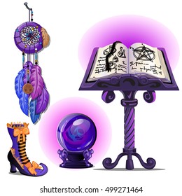 Magical book with spells and the pentagram, glass ball Ouija, Dreamcatcher and magic boots. Sketch for greeting card, festive poster or party invitations. The attributes of the holiday of Halloween.