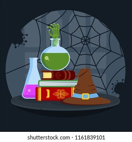 Magical books, poisonous potion and bewitched hat in house of witch. Flat vector cartoon illustration for children books about sorcerers, for cards on theme parties and Halloween.
