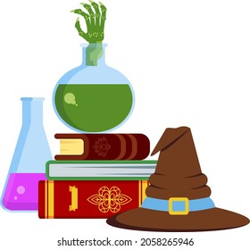 Magical books, poisonous potion and bewitched hat in house of witch. Flat vector cartoon illustration for children books about sorcerers, for cards on theme parties and Halloween.