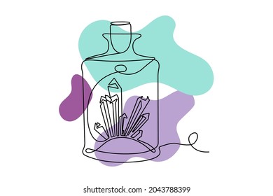 Frasco mágico con cristales de gema - talismanes místicos esotéricos con formas orgánicas abstractas. Objeto espiritual en colores violeta y turquesa. Ilustraciones vectoriales de Halloween de una línea de arte en