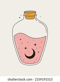 A magical bottle with moon and stars inside. Vector illustration