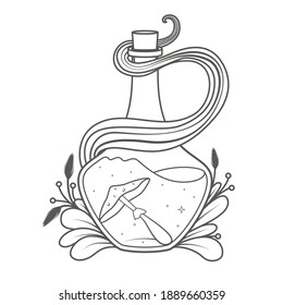 A magical bottle with plants around and a amanita inside - coloring book page. Vector illustration