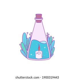 A magical bottle with plants around and a amanita inside. Vector illustration