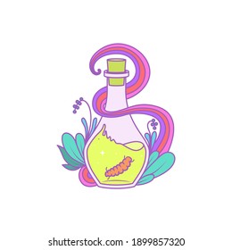 A magical bottle with plants around and a caterpillar inside. Vector illustration