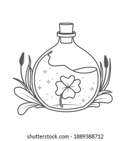 A magical bottle with plants around and a clover inside - coloring book page. Vector illustration