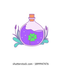 A magical bottle with plants around and a clover inside. Vector illustration