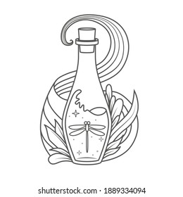 A magical bottle with plants around and a dragonfly inside - coloring book page. Vector illustration