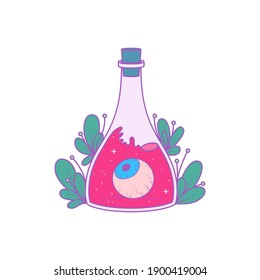 A magical bottle with plants around and a eye inside. Vector illustration