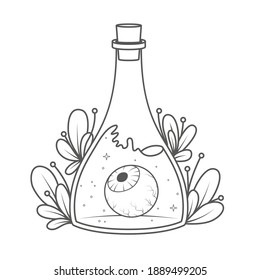 A magical bottle with plants around and a eyeball inside - coloring book page. Vector illustration