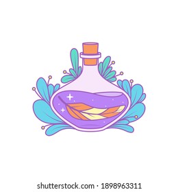 A magical bottle with plants around and a gem inside. Vector illustration