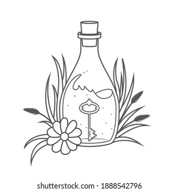 A magical bottle with plants around and a key inside - coloring book page. Vector illustration