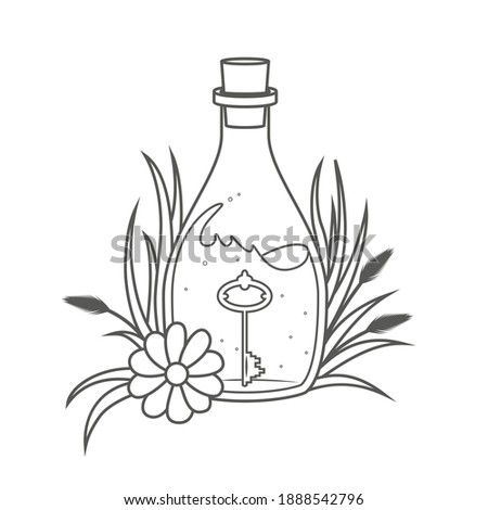 A magical bottle with plants around and a key inside - coloring book page. Vector illustration