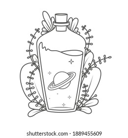 A magical bottle with plants around and a planet and stars inside - coloring book page. Vector illustration