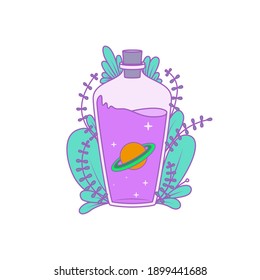 A magical bottle with plants around and a planet and stars inside. Vector illustration