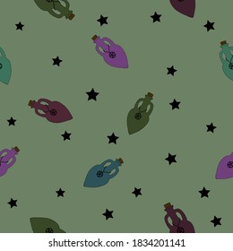 Magical  bottle for potion and stars. Seamless pattern with witch object Mystical illustration .Vector card on color green background.  Perfect for background, e wrapping paper, textile, print. 