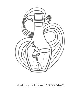 A magical bottle with smoke around and a mushroom inside - coloring book page. Vector illustration