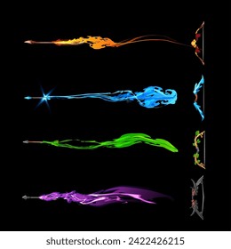 Magical bows vector set from various natural materials shooting fire flame arrows, explosion beam trace. Cartoon wizard archery or warrior weapon with vfx rays effect for game assets